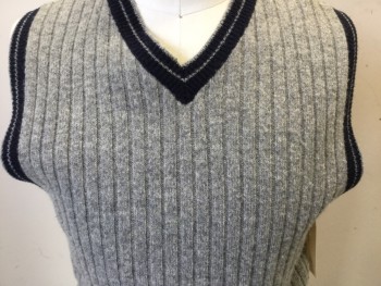 URBANWEAR, Heather Gray, Navy Blue, Wool, Heathered, Stripes, Ribbed, V-neck, Pullover, Navy Striped Trim, Has Been Altered, Alterations At Side And CB Seams