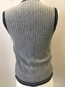 URBANWEAR, Heather Gray, Navy Blue, Wool, Heathered, Stripes, Ribbed, V-neck, Pullover, Navy Striped Trim, Has Been Altered, Alterations At Side And CB Seams
