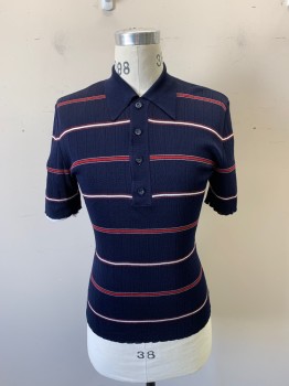 FOX 11, Navy Blue, Red, White, Orlon Acrylic, Stripes - Horizontal , Knit, 4 Button PlacKet Front with Button and Loop at Neck