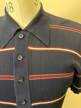 FOX 11, Navy Blue, Red, White, Orlon Acrylic, Stripes - Horizontal , Knit, 4 Button PlacKet Front with Button and Loop at Neck