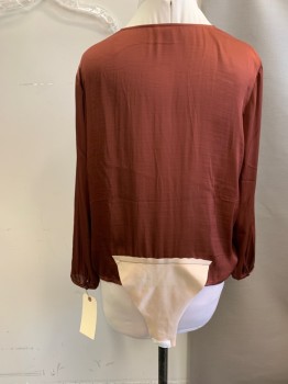 BANANA REPUBLIC, Brown, Polyester, Solid, Long Sleeves, Surplice Wrap Front, Attached Lt Beige Thong, Pullover,