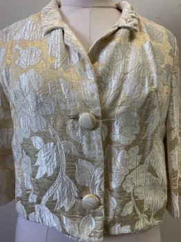 Engel Fetzer, Pearl White, Champagne, Polyester, Floral, L/S, Button Front, C.A., 2 Buttons