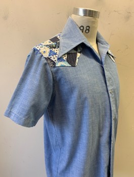 N/L, Dusty Blue, Poly/Cotton, Solid, Shades of Blue/Navy/White Patchwork Pattern at Shoulders Above Yoke, S/S, Snap Front, C.A.,