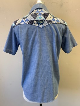 N/L, Dusty Blue, Poly/Cotton, Solid, Shades of Blue/Navy/White Patchwork Pattern at Shoulders Above Yoke, S/S, Snap Front, C.A.,