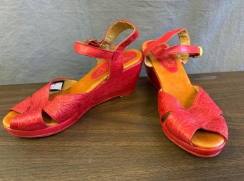 MARLENE, Red, Leather, Floral, Reproduction, Tooled Leather Platform Wedges, Peep Toe, Ankle Strap, 3.5" High