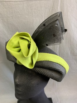 N/L, Black, Straw, Silk, Made To Order, Lime Green Silk Border And Flower, Black Horsehair With Sequins And Single Coque Feather, Stylized Enough For A 1920s Paul Poiret Turban Party