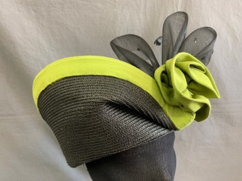 N/L, Black, Straw, Silk, Made To Order, Lime Green Silk Border And Flower, Black Horsehair With Sequins And Single Coque Feather, Stylized Enough For A 1920s Paul Poiret Turban Party