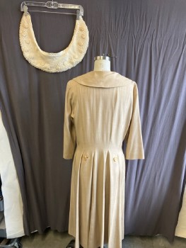 N/L, Tan Brown, Silk, Solid, Raw Silk,Shawl Collar, Detouchable Clollar With Wht Sseed Beats, Lace Trim And Floral Appliques, Button Up Midi Dress, Side Pockets, 3/4 Slvs, Back Btn Detail