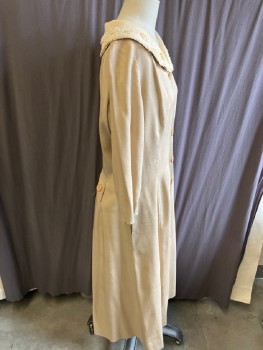 N/L, Tan Brown, Silk, Solid, Raw Silk,Shawl Collar, Detouchable Clollar With Wht Sseed Beats, Lace Trim And Floral Appliques, Button Up Midi Dress, Side Pockets, 3/4 Slvs, Back Btn Detail