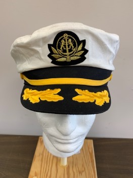 BRONER, White, Gold, Black, Cotton, Navy Officer, Round Crown with Embroidery On Bill, Gold Band