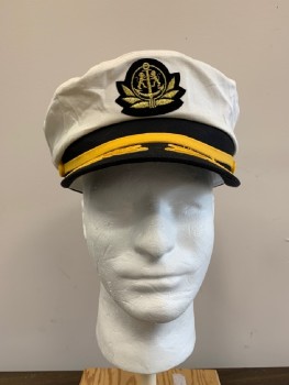 BRONER, White, Gold, Black, Cotton, Navy Officer, Round Crown with Embroidery On Bill, Gold Band