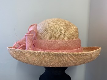 BETMAR, Peach Orange, Coral Orange, Straw, Solid, Wide Brim, Bow and Flowers Made From Straw
