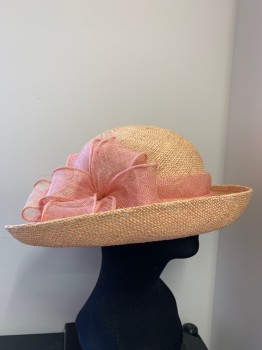 BETMAR, Peach Orange, Coral Orange, Straw, Solid, Wide Brim, Bow and Flowers Made From Straw