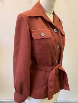 JONES NEW YORK, Brick Red, Polyester, Wool, Solid, Twill Weave, 5 Buttons, Dagger Collar, 4 Pockets, Self Belt Attached At Waist, No Lining