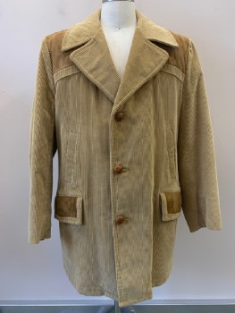 THE COUNTRY COAT, Lt Yellow, Lt Brown, Cotton, Polyester, Color Blocking, Corduroy, 3 Buttons, B.F., Peaked Lapel, 2 Welt Side Pockets, 2 Flap Pockets,