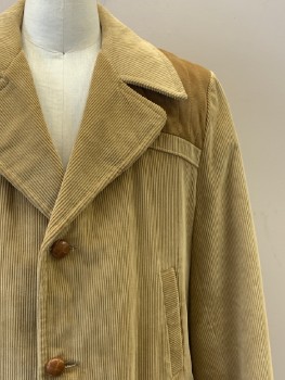 THE COUNTRY COAT, Lt Yellow, Lt Brown, Cotton, Polyester, Color Blocking, Corduroy, 3 Buttons, B.F., Peaked Lapel, 2 Welt Side Pockets, 2 Flap Pockets,