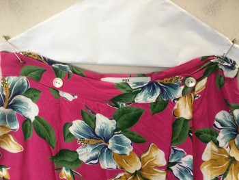 B. BRONSON, Hot Pink, Blue, Green, Amber Yellow, Navy Blue, Rayon, Hawaiian Print, Floral, Over Flap Front with 2 White Buttons at 1-1/4" Waist Band