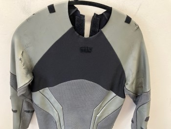 MTO, Lt Gray, Black, Neoprene, Solid, Geometric, Long Sleeves, Built In Codpiece, Thigh and Knee Pads, Center Back Zipper, Velcro For Gauntlets, Holes For Harness, Geometric Texture Print Down Center Front and Sides, Space Suit, Astronaut, Aged/Distressed,  Broken Zipper At Waist