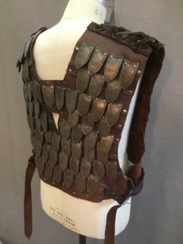 MTO, Brown, Brass Metallic, Leather, Metallic/Metal, Brown Layered Panels with Faux Brass Shingle-like Leather Pieces, Studded, Side Buckles, Shoulders Laced Together, Square Neck, Keyhole Back