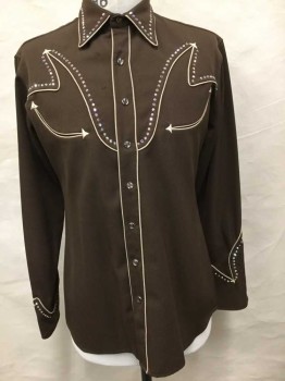 MANUEL, Brown, Tan Brown, Metallic, Polyester, Rhinestones, Solid, Gabardine, Tan Piping, Silver Rhinestones, Snap Front, 2 Welt Pockets, Late 70's/Early 80's