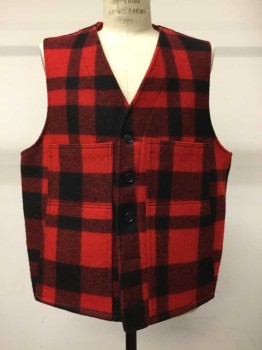 Filson, Red, Black, Wool, Plaid, Button Front, 5 Buttons, 4 Pockets,