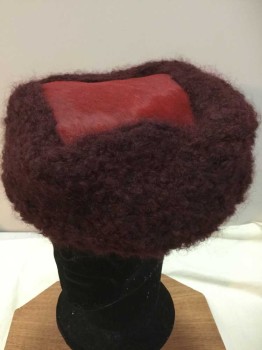 MTO, Red Burgundy, Wine Red, Wool, Fur, Solid, Beret, Boucle Knit Surrounding Pony Fur Square Topper.  Unstructured, Double