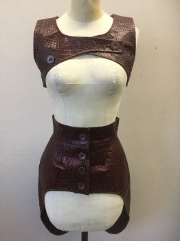 N/L, Red Burgundy, Leather, Reptile/Snakeskin, Sleeveless, Scoop Neck, Sits Over Bustline, 2 Button Closures at Front, Made To Order