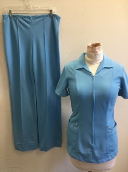 CREST CAREERS, Sky Blue, Polyester, Solid, Collar Attached, Short Sleeves, Zip Front, Pockets