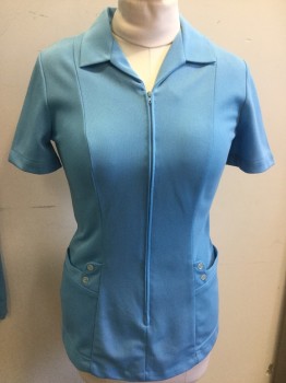 CREST CAREERS, Sky Blue, Polyester, Solid, Collar Attached, Short Sleeves, Zip Front, Pockets