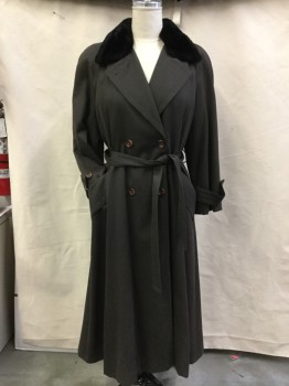 IRVING SAMUEL, Olive Green, Black, Wool, Synthetic, Heathered, Heathered Whipcord Wool Coat with Faux Black Fur Collar, Double Breasted, with Self Belt, Padded Shoulders, Slight Discoloration at Shoulders. Slit Center Back,