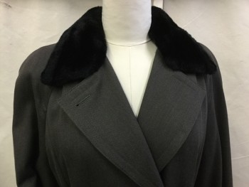 IRVING SAMUEL, Olive Green, Black, Wool, Synthetic, Heathered, Heathered Whipcord Wool Coat with Faux Black Fur Collar, Double Breasted, with Self Belt, Padded Shoulders, Slight Discoloration at Shoulders. Slit Center Back,