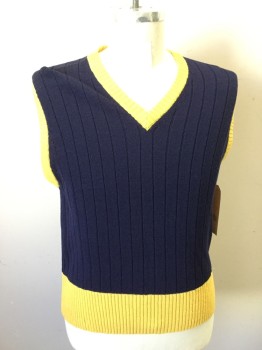 STANLEY BLACKER, Navy Blue, Yellow, Wool, Solid, Pull Over, V-neck, Wide Rib Knit, Ribbed Trim,