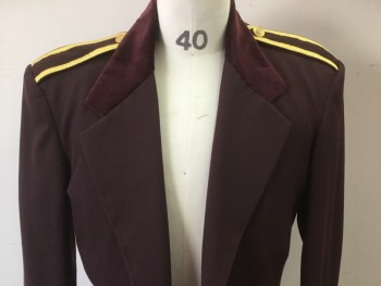 PIERRE OF PARIS, Maroon Red, Gold, Polyester, Wool, Solid, Maroon Velvet Collar, Notched Lapel, Two Gold Buttons, Epaulets with Metallic Gold Ribbon and Gold Button