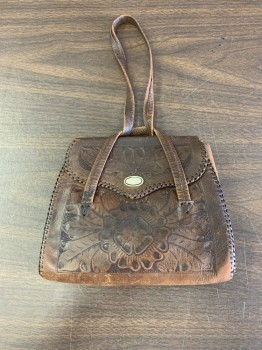ASKEW, Brown, Leather, Floral, Mexican Embossed Leather, Single Snap Closure. 1 Strap Longer Than the Other,