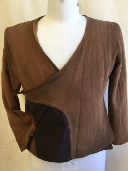 N/L (MTO), Brown, Dk Brown, Gold, Cotton, Polyester, Color Blocking, (AGED) Shinny Golden Brown Lining, V-neck, Wraparound with Ties,3/4 Sleeves