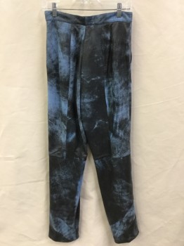 WYNAND, French Blue, Black, Leather, Abstract , French Blue with Black Abstract, 1-1/4" Waistband, 3 Pleat Front, Zip Front, 2 Slant Pockets