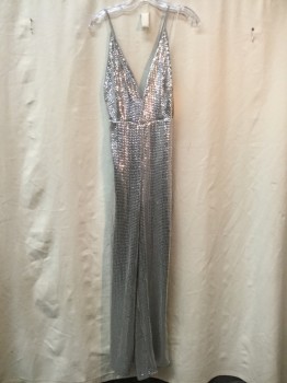 TOPSHOP, Silver, Polyester, Sequins, Solid, Silver Sequins, Plunge Neck, Spaghetti Straps,