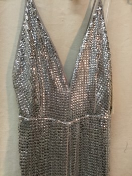 TOPSHOP, Silver, Polyester, Sequins, Solid, Silver Sequins, Plunge Neck, Spaghetti Straps,