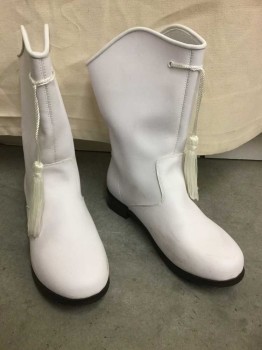 GOTHAM BRAND, White, Faux Leather, Solid, White Shin High Ankle Boots with Tassles, Black Sole, Multiples,