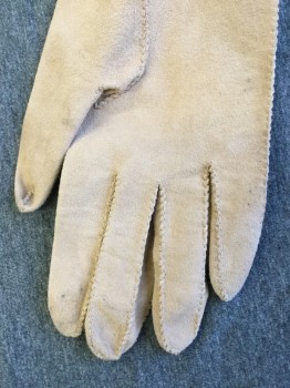 NL, Beige, Leather, Solid, Beige Leather Gauntlet Gloves with Cream & Taupe Crochet trim at Gauntlet Cuff, Dirty Fingers See Close Up,