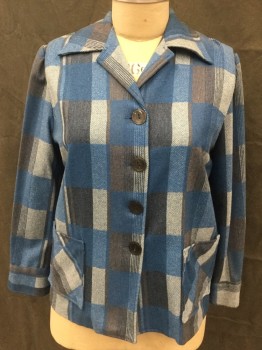 KERRY BROOKE, Blue, Slate Gray, Cream, Wool, Plaid, Button Front, Pointy Collar Attached, Pleated Shoulders, Long Sleeves, Button Cuff, 2 Pockets