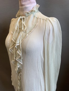 MARC JACOBS, Ecru, Silk, Solid, Blouse, Sheer Crinkled Chiffon, Long Sleeve Button Front, Stand Collar, Ruffled Jabot Detail at Front with Lace Trim, Light Green Top Stitching,  Steam Punk/Quasi-Historical Fantasy