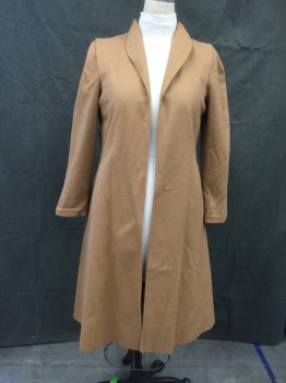 N/L, Caramel Brown, Wool, Solid, Rounded Shawl Collar, Pleated Shoulder Panel, Open Front, 2 Pockets, Long Sleeves, Doubles * Some Moth Wear*