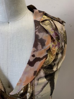 ELIE TAHARI, Orange, Beige, Gold, Black, Purple, Silk, Organza/Organdy, Floral, Abstract , Beige Background with Orange, Gold Tinsel, Black, Purple Abstract Floral Pattern, Sleeveless, Collar Attached, V-neck, Ruffle at Shoulders and Collar, Side Zipper Left Side