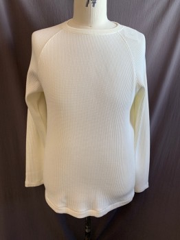 THEORY, Ivory White, Cotton, Spandex, Waffle Textured, Crew Neck, Long Sleeves