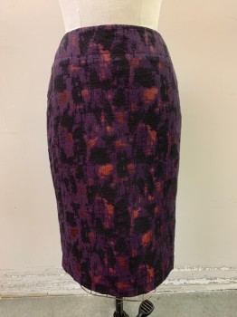 LORD & TAYLOR, Black, Plum Purple, Red, Polyester, Cotton, Abstract , Metallic Red, Pencil Skirt, Wide Waistband, Zip Back, Slit at Back