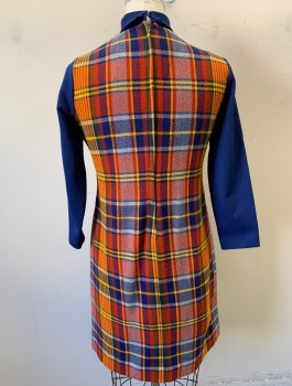 N/L, Royal Blue, Red, Yellow, Polyester, Acrylic, Plaid, Solid, Middle of Dress is Plaid, Long Sleeves and Turtleneck are Royal Blue Solid Rib Knit, Shift Dress, 2 Patch Pockets at Hips, Knee Length, Center Back Zipper,