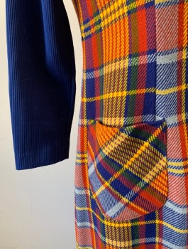 N/L, Royal Blue, Red, Yellow, Polyester, Acrylic, Plaid, Solid, Middle of Dress is Plaid, Long Sleeves and Turtleneck are Royal Blue Solid Rib Knit, Shift Dress, 2 Patch Pockets at Hips, Knee Length, Center Back Zipper,