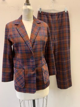 GRAFF, Red, Navy Blue, Brown, Polyester, Plaid, Notched Lapel, Single Breasted, Button Front, 2 Pockets,