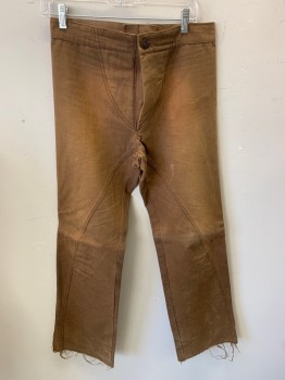 N/L, Tan Brown, Cotton, Mottled, Button Fly, Top Stitch Along Crotch & Butt, Raw Edge Hem with Adjustable Button Tab, Aged/Distressed,